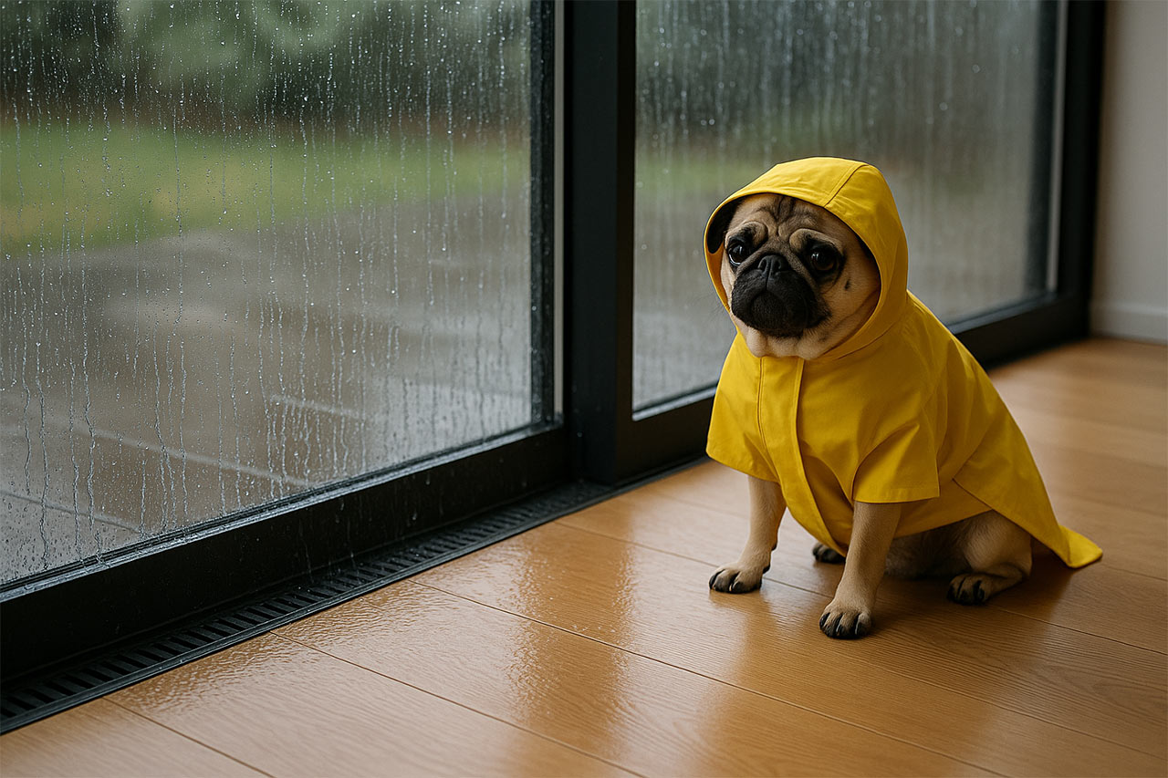 Scène humoristique : un carlin en imperméable jaune assis devant la baie vitrée ; à l’intérieur c’est sec, dehors la pluie ruisselle vers le caniveau.