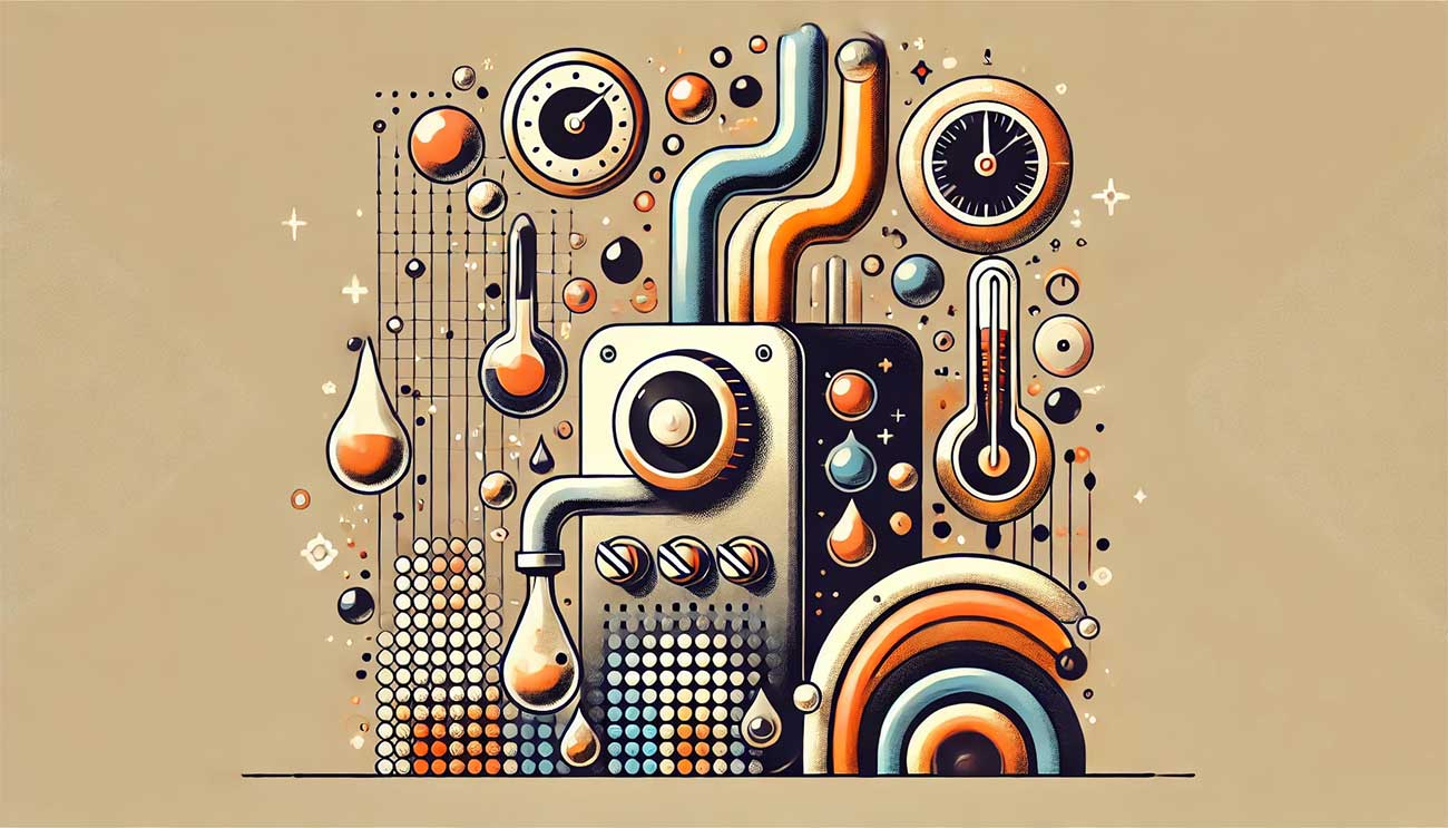 illustration graphique originale et artistique représentant un chauffe-eau moderne avec des bulles symbolisant l'eau chaude qui monte en température. Un robinet stylisé laisse s'écouler de l'eau chaude, et des éléments graphiques indiquent le temps qui passe, comme des horloges ou des compteurs, dans une ambiance chaleureuse et dynamique.