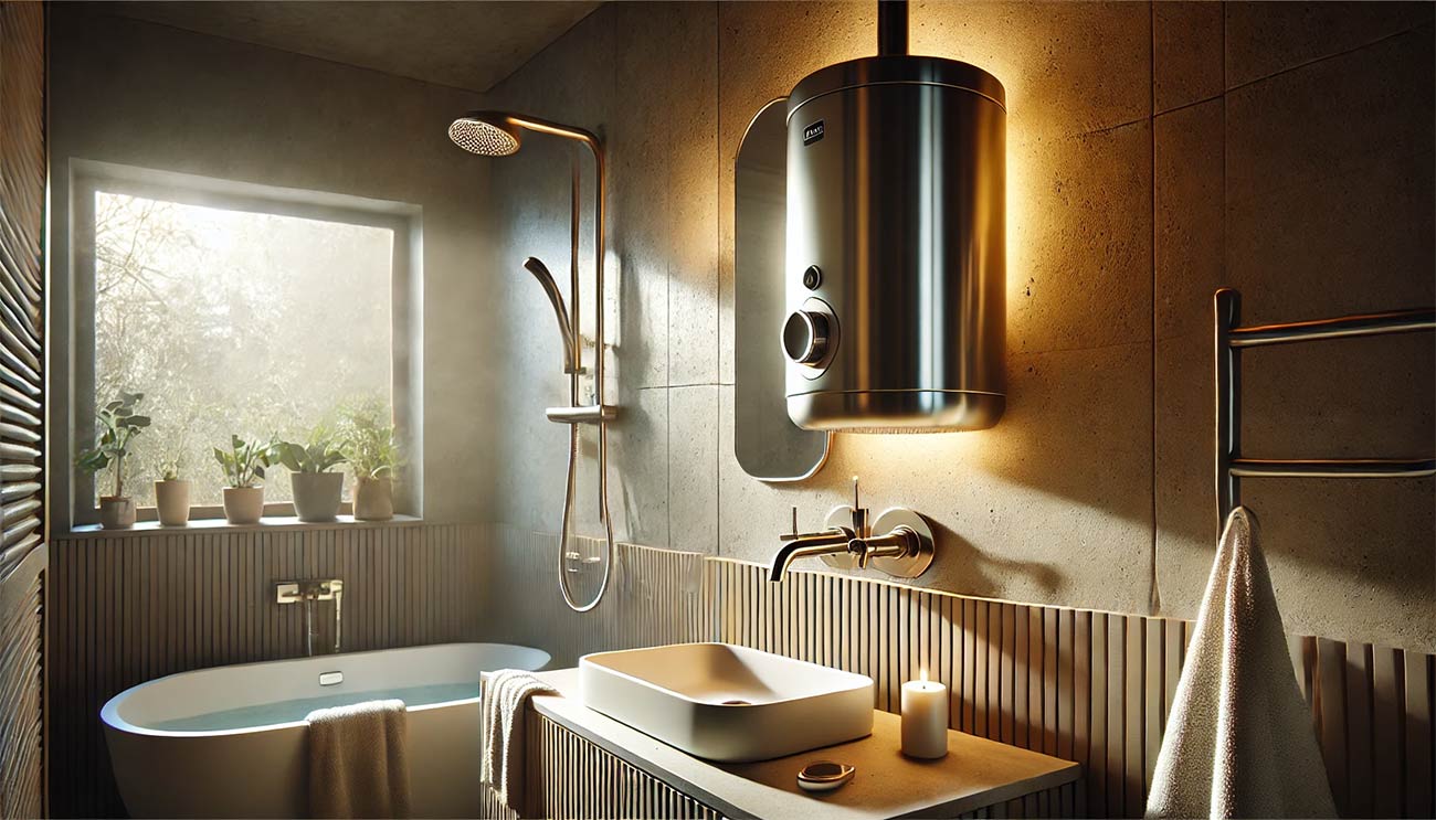 chauffe-eau moderne dans une salle de bain lumineuse, avec des détails réalistes. Le chauffe-eau est suspendu au mur, en fonctionnement, émettant une légère vapeur chaude. Au premier plan, un lavabo moderne avec un robinet d'où coule de l'eau chaude. L'ambiance est chaleureuse et réaliste, avec un éclairage naturel entrant par une fenêtre. Les matériaux de la salle de bain sont en céramique et inox, avec un design épuré et fonctionnel.