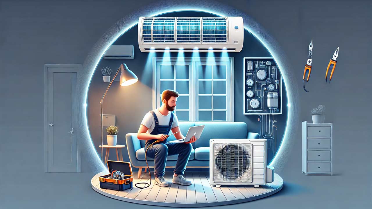  pièce lumineuse et confortable, avec un climatiseur fonctionnel et bien entretenu. Un technicien effectue une maintenance régulière sur le climatiseur, nettoyant les filtres et vérifiant les niveaux de réfrigérant.