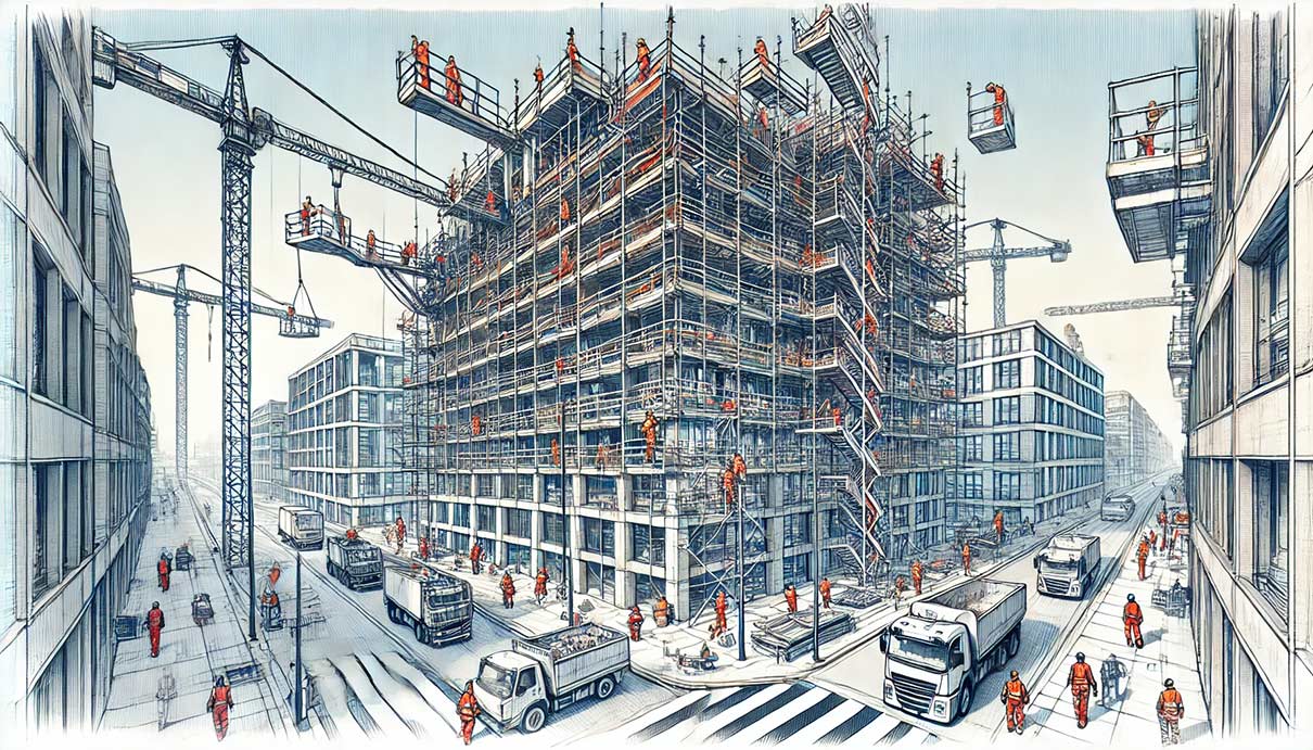 Illustration graphique au format paysage d'un site de travaux urbains montrant un échafaudage complexe entourant un bâtiment de plusieurs étages. Sur la plateforme, des ouvriers en équipement de sécurité travaillent en hauteur, illustrant l'efficacité et l'importance de l'échafaudage pour des projets variés comme la rénovation ou la peinture. Le décor urbain inclut des rues et trottoirs occupés, symbolisant la nécessité d’autorisations pour l'installation. 