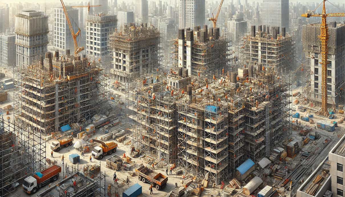 Peinture de paysage réaliste représentant un chantier de construction urbain animé, avec de grands bâtiments en cours de rénovation, comportant plusieurs structures d'échafaudage s'élevant sur plusieurs étages. Des ouvriers en tenue de sécurité sont positionnés à différents niveaux de l'échafaudage, occupés à différentes tâches de construction. 