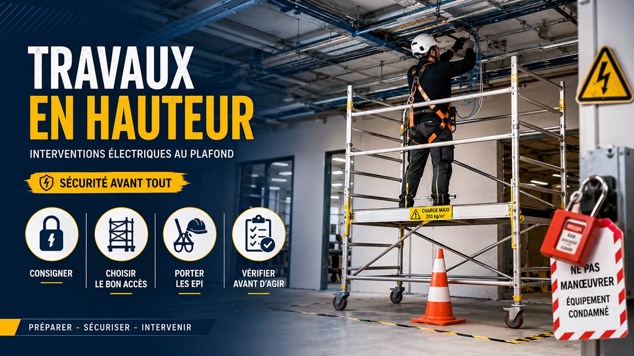 Électricien sécurisé sur échafaudage lors de travaux en hauteur au plafond, avec consignation électrique, EPI et checklist de prévention