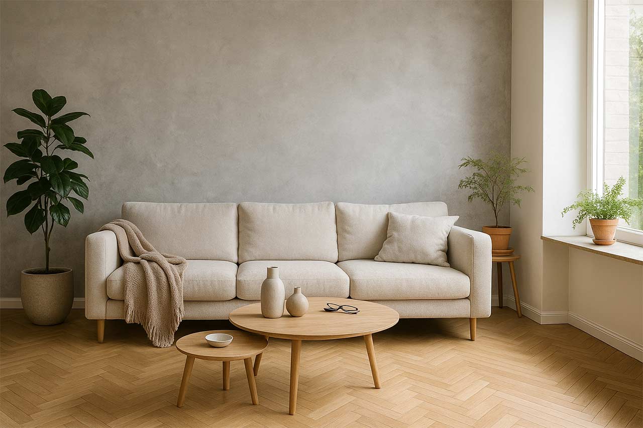 Salon contemporain avec mur en peinture effet béton, mobilier cosy