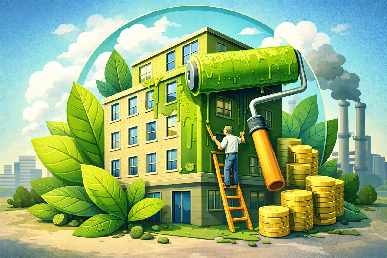 Illustration satirique d’un immeuble peint en vert pour dénoncer le greenwashing