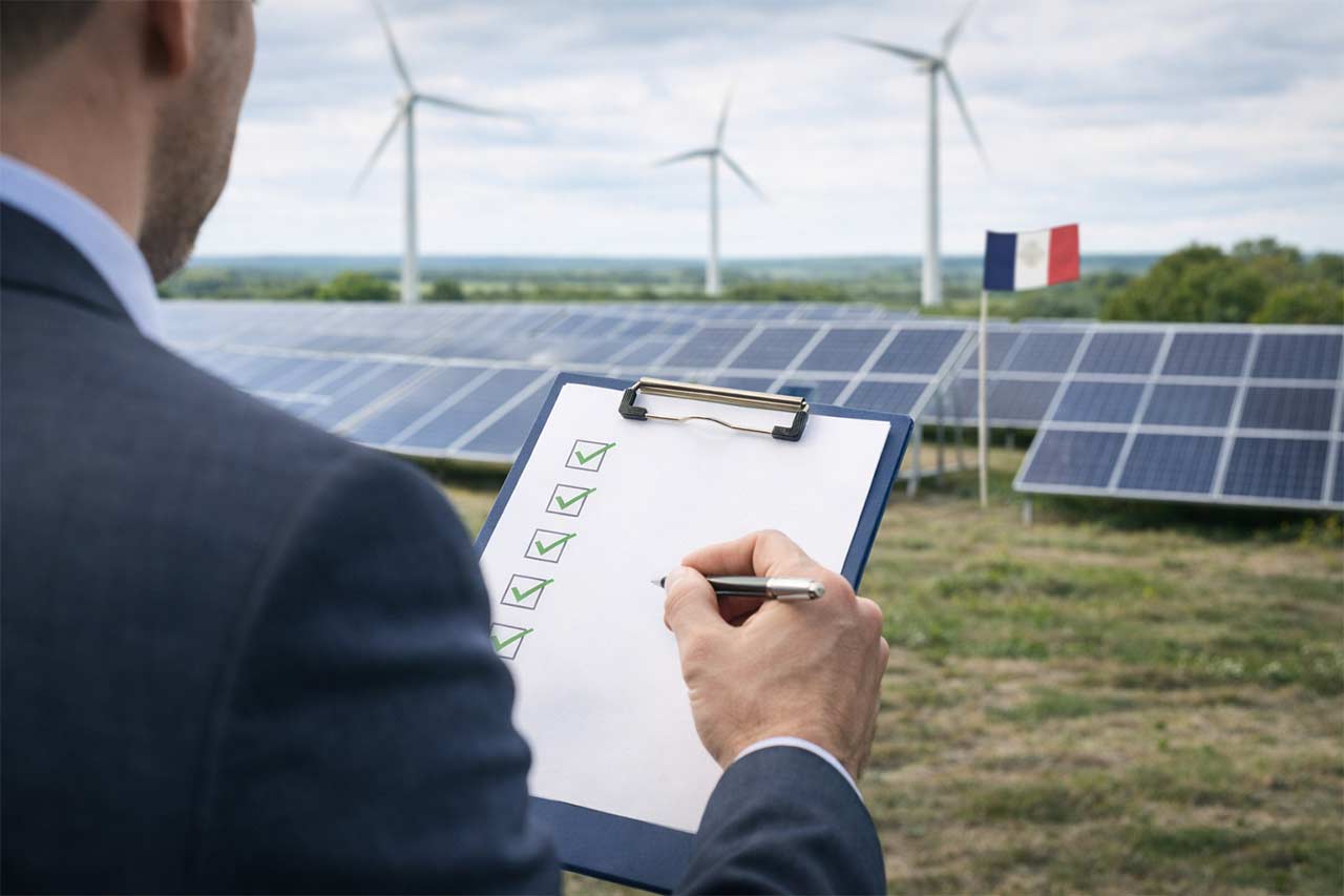 Un auditeur de dos remplit une checklist avec des coches vertes sur un clipboard, devant des panneaux solaires et des éoliennes dans un paysage français, avec un petit drapeau tricolore.