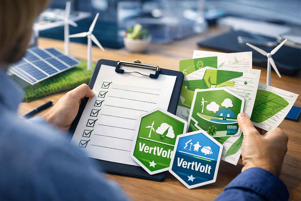 Photo avec un gros plan sur des mains de responsable achats avec un clipboard checklist, des certificats d’énergie et des badges abstraits, mini maquettes d’éolienne et panneau solaire sur un bureau en bois