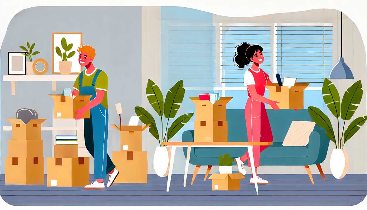 Illustration originale montrant un couple en train d'organiser leur nouvelle maison après avoir acheté leur premier bien immobilier. La scène les montre en train de déballer des cartons, avec des meubles modernes tels qu'un canapé confortable et une table à manger. La pièce est lumineuse grâce aux grandes fenêtres qui laissent entrer la lumière naturelle. Le couple a l'air heureux, engagé dans l'installation de leur maison, entouré de cartons et de quelques décorations déjà placées.