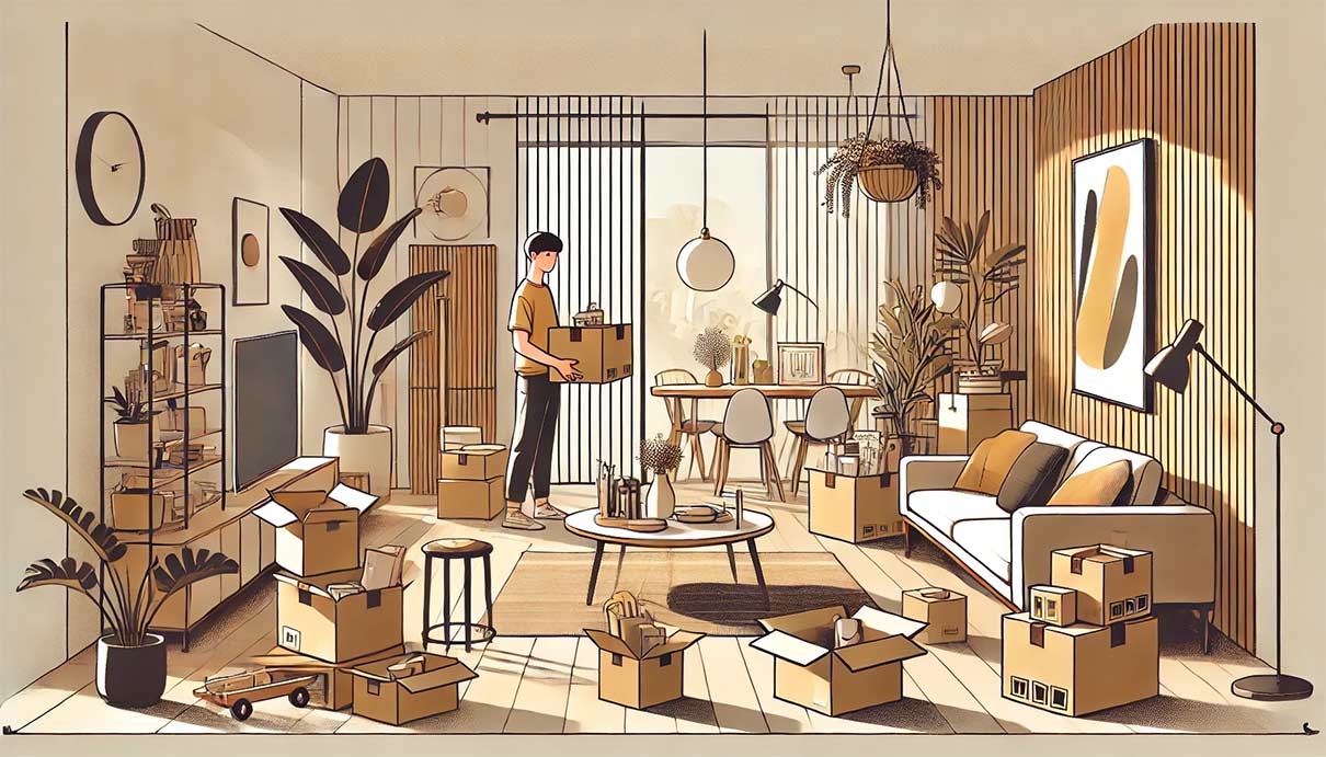 Illustration en style graphique original, format paysage, résumant l'idée d'aménager sa première maison. La scène montre des éléments clés comme des cartons d'emballage, des meubles modernes (un canapé, une table à manger), des décorations minimalistes et des objets du quotidien qui reflètent le processus d'installation.