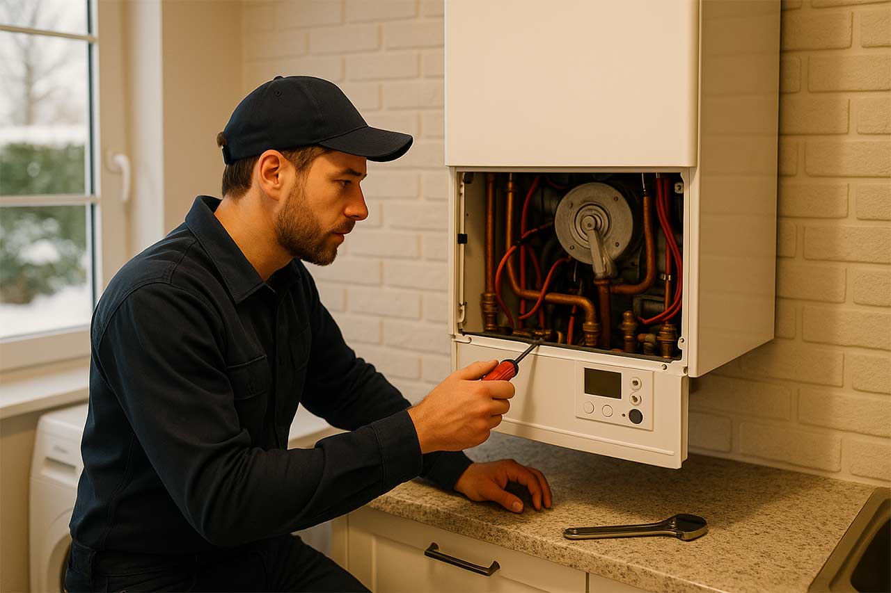 Intérieur de maison chaleureuse en hiver, technicien chauffagiste contrôle une chaudière murale gaz moderne dans un coin de buanderie lumineux