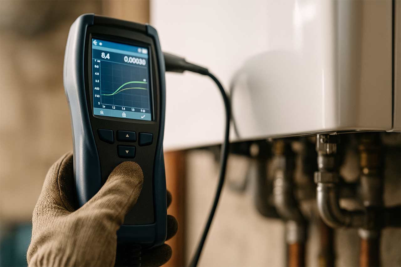Gros plan esthétique sur analyseur de combustion connecté à une chaudière, écran montrant courbes, main gantée ajuste un réglage