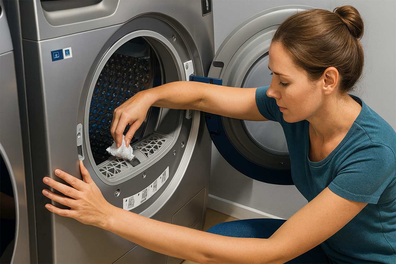 Femme nettoyant le filtre à peluches d’un sèche-linge à hublot dans une buanderie moderne.