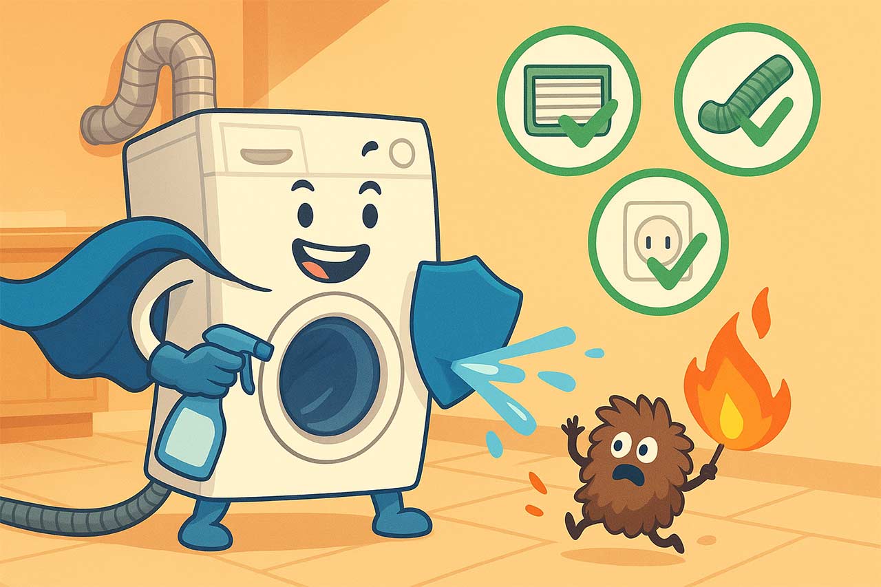 Illustration amusante : sèche-linge anthropomorphe en héros (cape bleue) vaporisant de l’eau pour éteindre une petite flamme, monstre de peluches fuyant, pictos verts validant filtre, gaine et prise murale dans une buanderie.