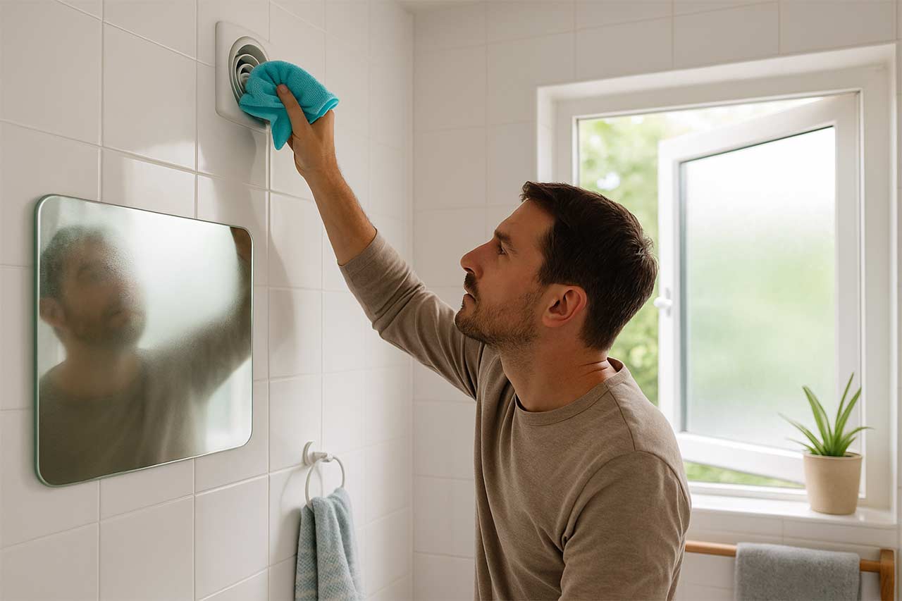homme nettoyant une bouche d’extraction VMC au salon avec un chiffon microfibre