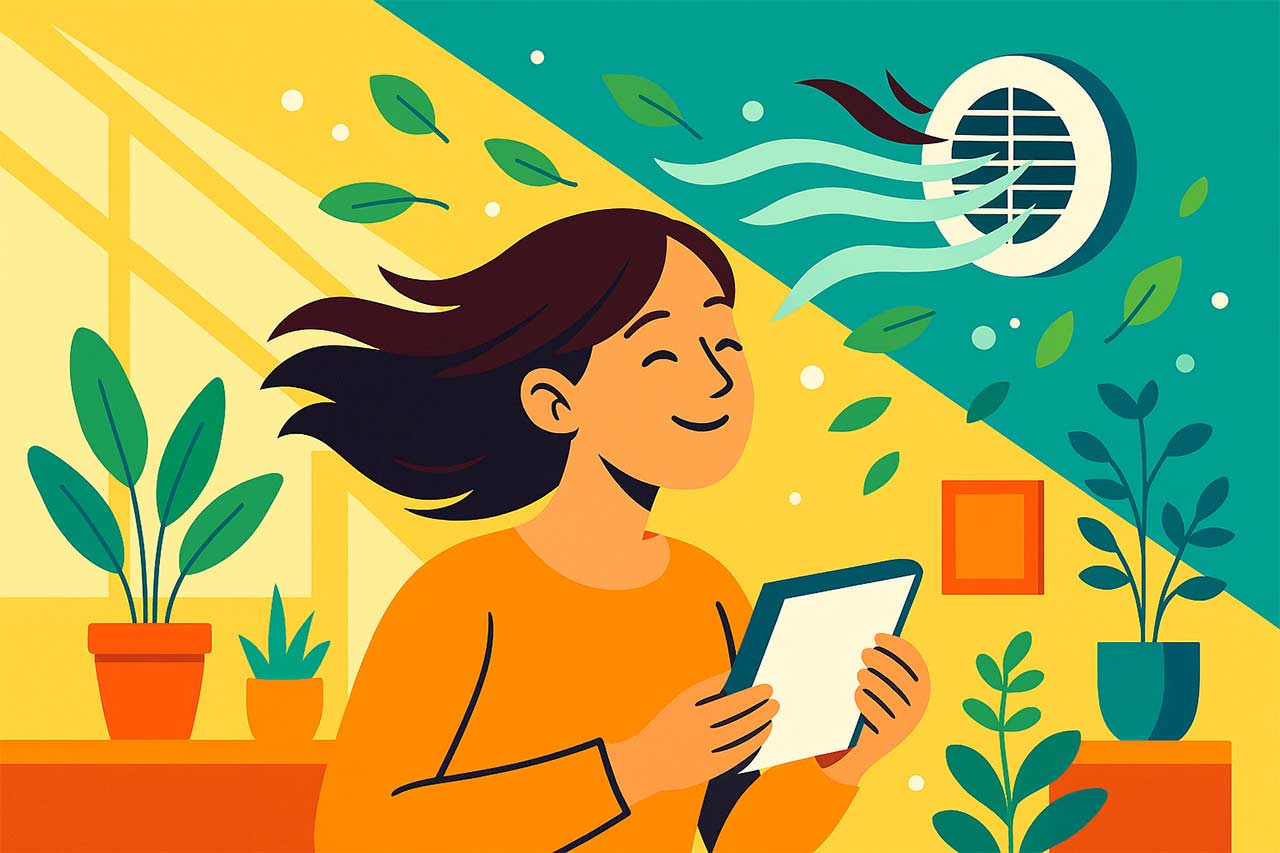 Illustration colorée montrant une femme souriante profitant d’un flux d’air sortant d’une bouche de ventilation, plantes vertes et ambiance bien-être.