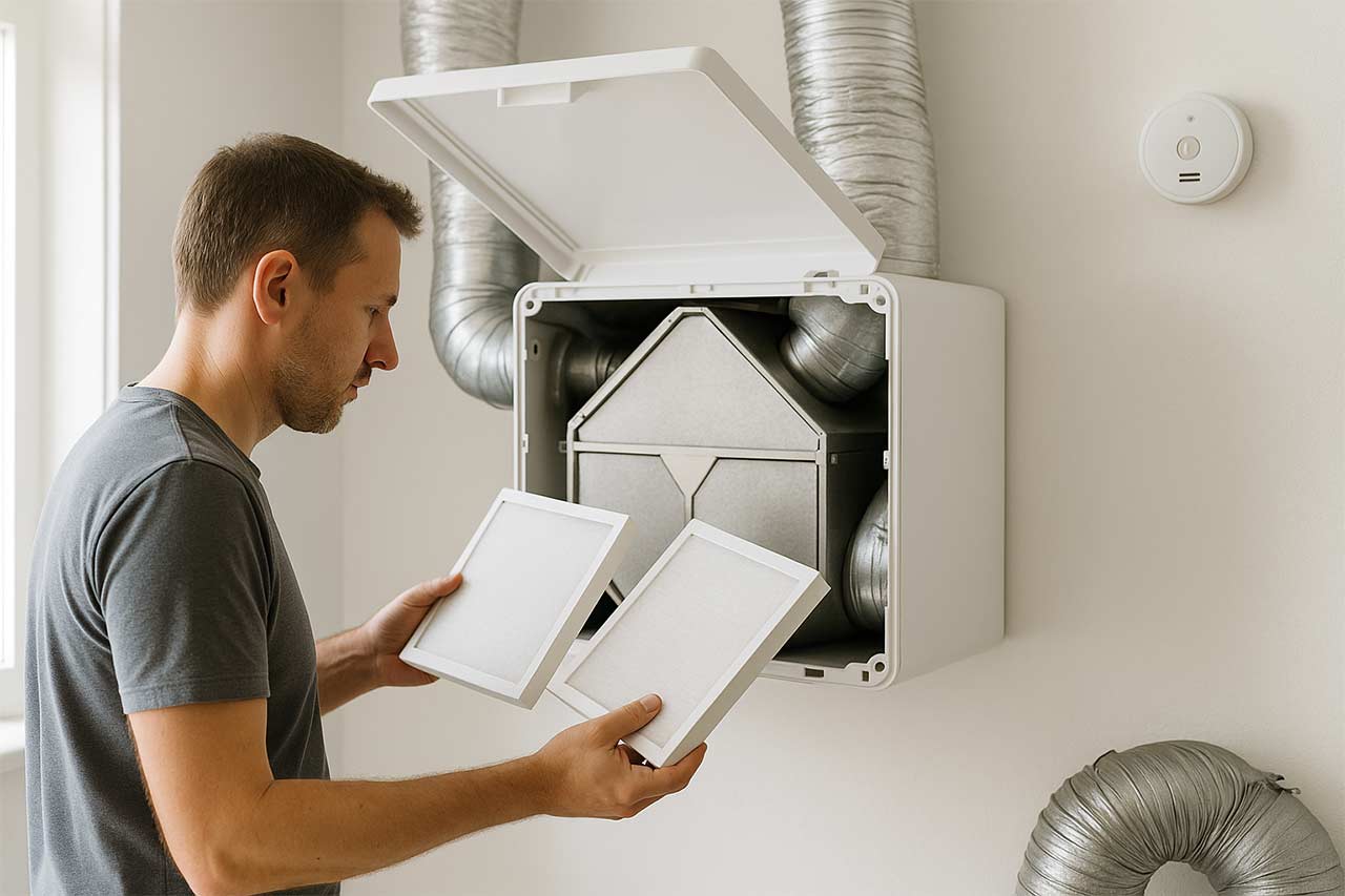 Homme remplaçant les filtres d’une VMC double flux dans un local technique lumineux, conduits souples apparents et détecteur de CO au mur.