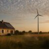 Maison individuelle en lisière de campagne, large ciel avec nuages d’altocumulus, mât d’éolienne domestique de 12 m au fond du jardin, herbes hautes qui indiquent des vents changeants, quelques tourbillons de poussière subtils, panneaux solaires sur le toit au second plan