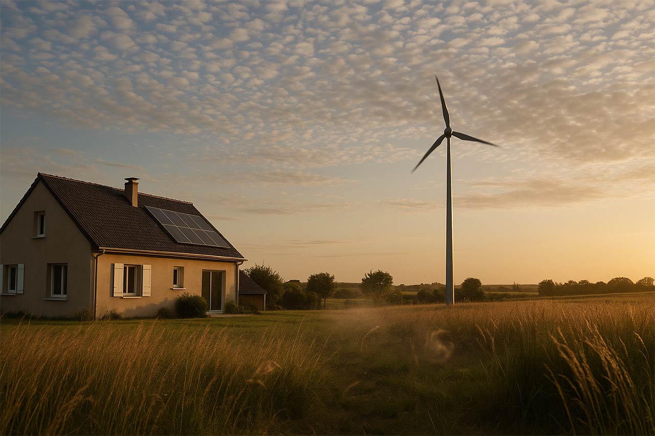 Maison individuelle en lisière de campagne, large ciel avec nuages d’altocumulus, mât d’éolienne domestique de 12 m au fond du jardin, herbes hautes qui indiquent des vents changeants, quelques tourbillons de poussière subtils, panneaux solaires sur le toit au second plan