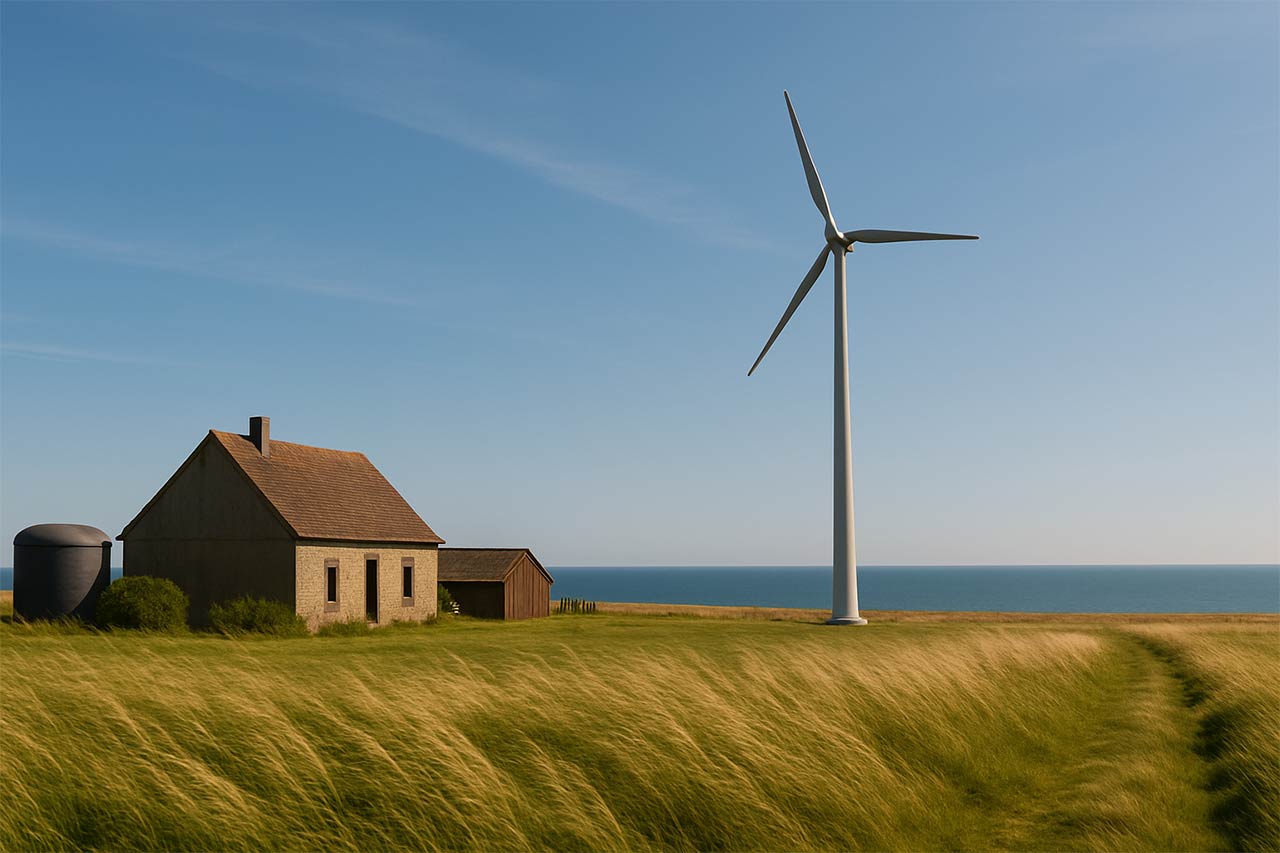 Paysage côtier dégagé avec une ferme isolée, mât d’éolienne domestique élancé bien dégagé des obstacles, mer à l’horizon, herbe rase inclinée par un vent régulier, ciel lumineux, éléments agricoles (cuve, grange)