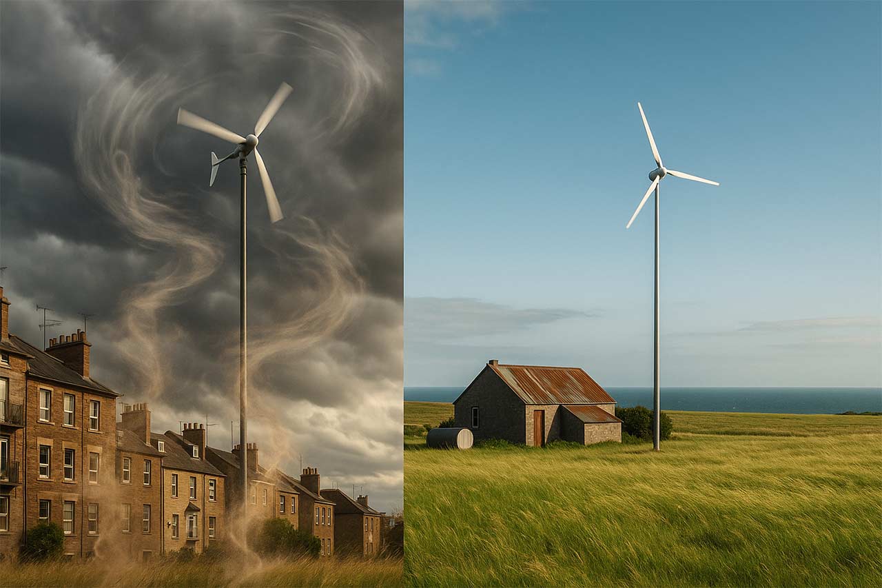 Montage visuel moitié-moitié : à gauche, quartier urbain dense avec petite éolienne de toit secouée par des rafales tourbillonnantes ; à droite, plaine ouverte avec mât sur terrain dégagé sous vent laminaire