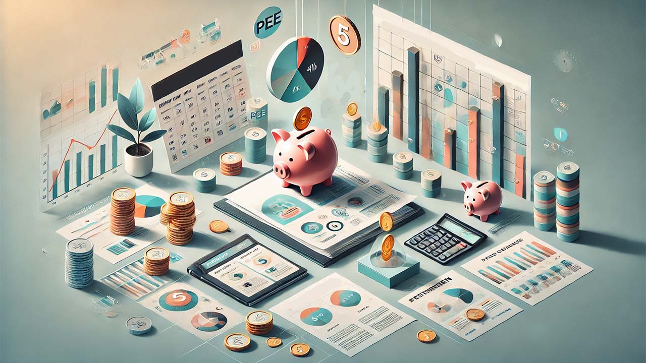 Représentation visuelle artistique des plans d'épargne salariale, illustrant la croissance financière et la planification future. La scène montre un espace de travail professionnel avec des documents étiquetés « PEE » et « PERCOL » sur un bureau, entouré de tableaux, de tirelires et de pièces de monnaie. L'arrière-plan met en évidence un calendrier marqué par des symboles de 5 ans et de retraite.