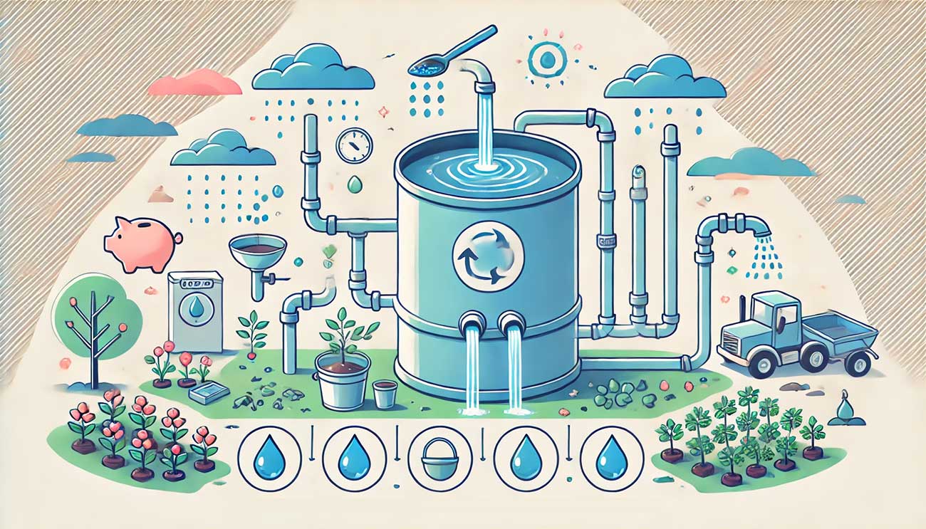  illustration plate en style business et flat design, palette pastel, lignes douces, montrant un système de récupération d'eau de pluie. Les gouttières collectent l'eau de pluie vers un réservoir. Des flèches illustrent les utilisations comme le jardin et les toilettes.