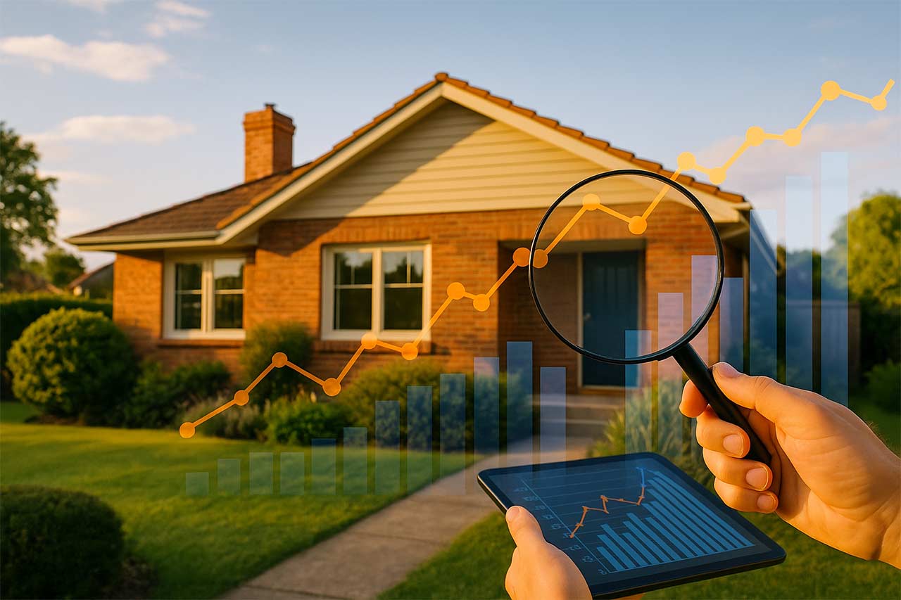 Vue panoramique d’une maison familiale vue en léger contre-plongée, avec superposition transparente de graphiques de prix et d’une loupe symbolisant l’analyse de marché.