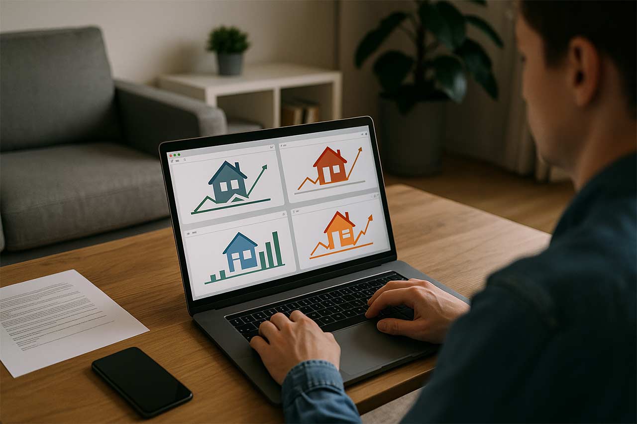 Un homme consulte un simulateur d'estimation immobilière en ligne avec plusieurs graphiques affichés sur son ordinateur portable dans un salon moderne.
