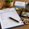 Photo en gros plan d’un document d’état des lieux de location saisonnière posé sur une table claire avec un stylo, un smartphone, un trousseau de clés et une tasse de café, ambiance propre et professionnelle
