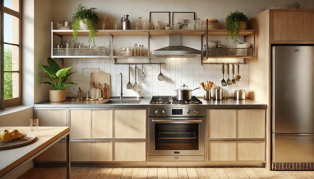 cuisine moderne et élégante, avec un évier en acier inoxydable encastré dans un plan de travail en bois. L'évier est au centre de l'image, propre et brillant, entouré d'ustensiles de cuisine et de plantes vertes. La cuisine est lumineuse, bien organisée, avec des étagères ouvertes contenant des épices et des accessoires de cuisine.