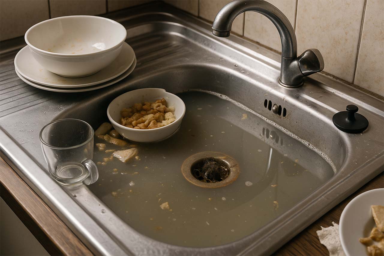 Un évier de cuisine bouché rempli d’eau stagnante, avec des résidus alimentaires flottants et des cheveux visibles dans la bonde, entouré de vaisselle sale sur un égouttoir en acier inoxydable.