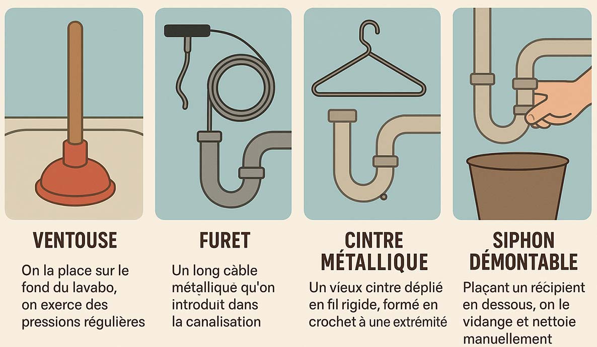 Infographie “Arsenal de choc pour débouchage” illustrant quatre outils : ventouse, furet, cintre métallique et siphon démontable, chacun représenté avec des dessins simples et des instructions d’usage.