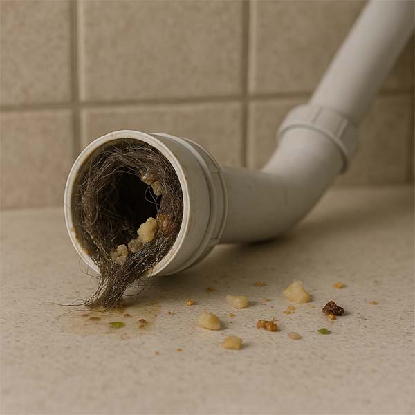 Zoom sur une canalisation de cuisine bouchée par des cheveux et des résidus graisseux collés autour du siphon en acier terni.