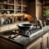 cuisine sophistiquée avec un grand évier en pierre naturelle, intégré dans un plan de travail en granite sombre.