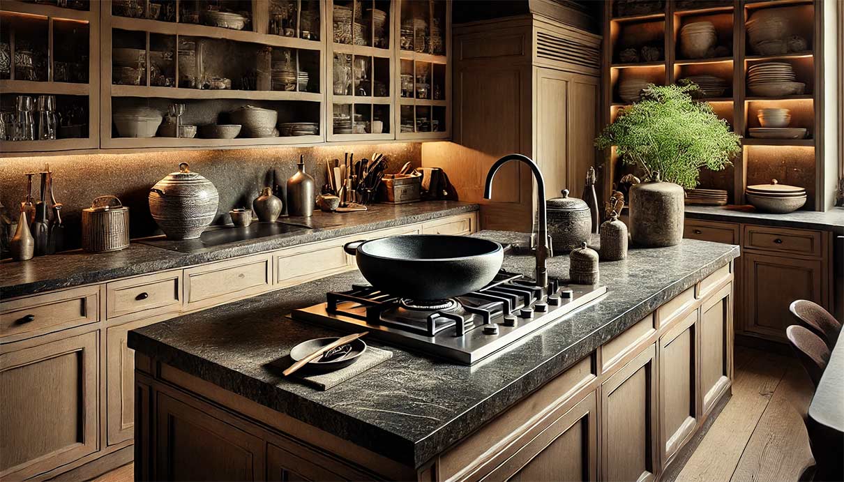 cuisine sophistiquée avec un grand évier en pierre naturelle, intégré dans un plan de travail en granite sombre.