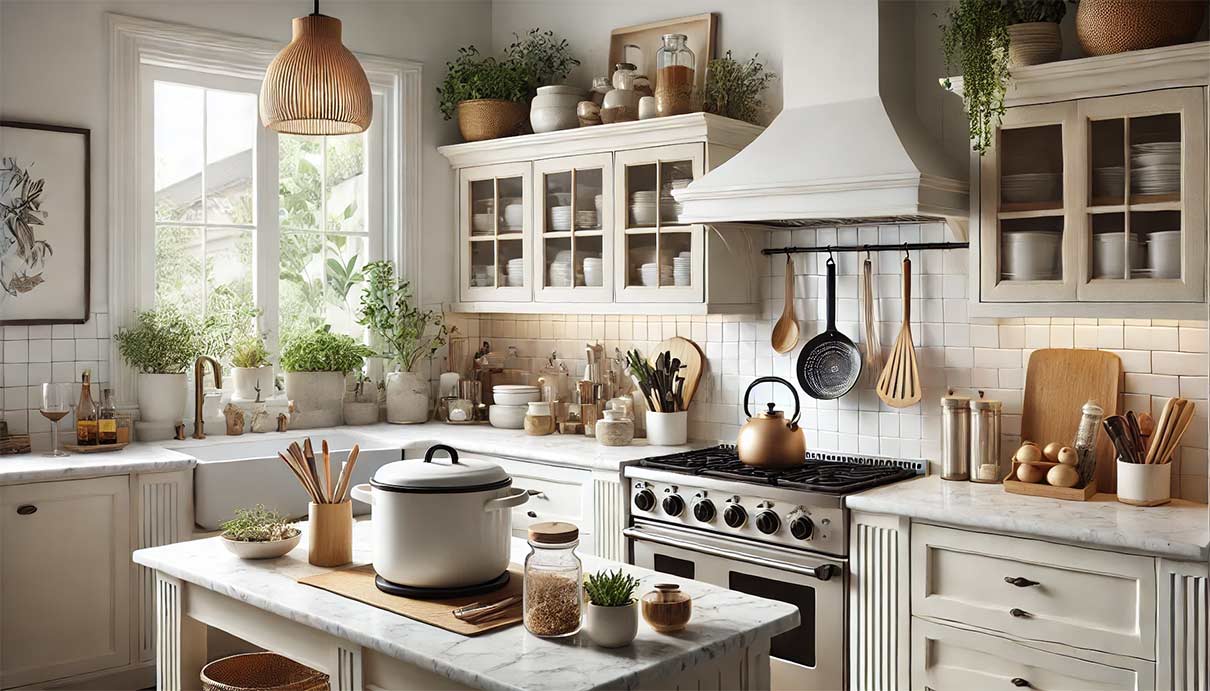 cuisine élégante avec un évier en porcelaine blanc, intégré dans un plan de travail en marbre. Autour de l'évier, des accessoires de cuisine tels que des bocaux en verre, des ustensiles en bois, et quelques plantes aromatiques en pot. La cuisine a des étagères ouvertes avec de la vaisselle et des épices.