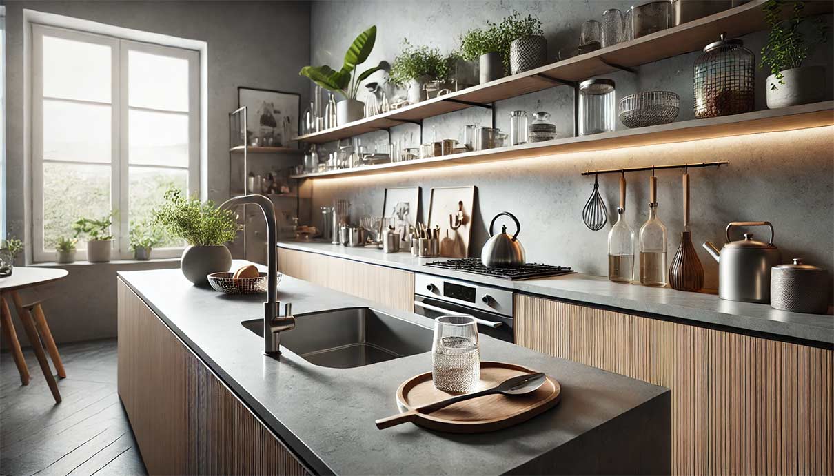 vier de cuisine moderne en surface solide, intégré dans un plan de travail lisse de couleur claire. Autour de l'évier, des accessoires de cuisine élégants comme une carafe en verre et une petite plante en pot.