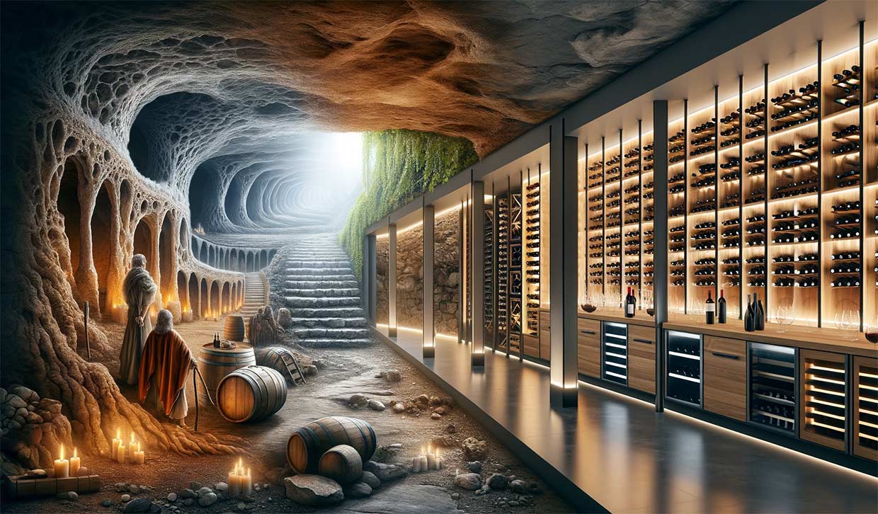 image divisée en deux parties distinctes : à gauche, une scène historique représentant d'anciennes caves à vin avec des grottes souterraines naturelles, des murs en pierre et des tonneaux en bois, dans un environnement faiblement éclairé et terreux. À droite, une cave à vin moderne dotée de systèmes avancés de contrôle de la température et de l'humidité, de casiers à vin élégants et d'un design sophistiqué et épuré. La transition entre les deux parties doit se faire sans heurt, illustrant la progression des caves à vin historiques vers les caves à vin contemporaines.