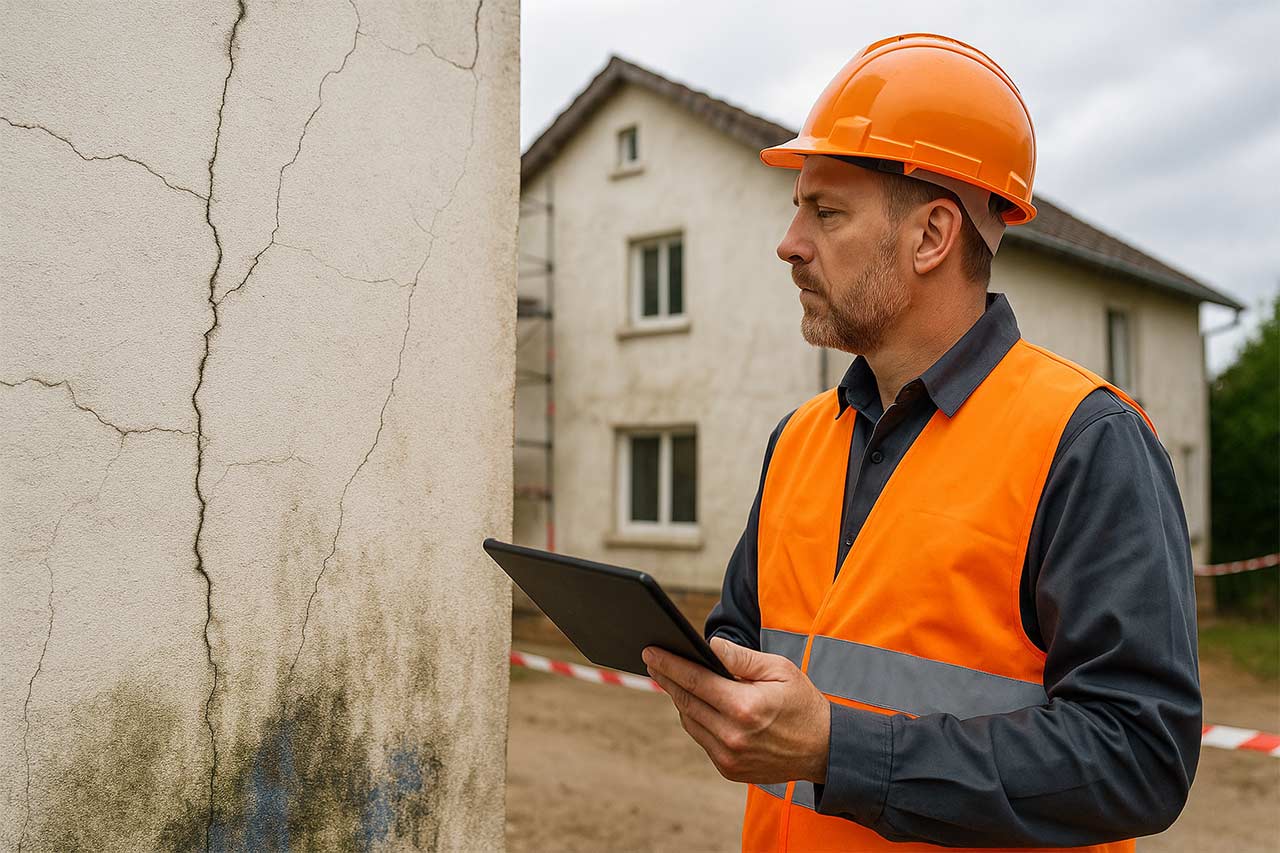 Photo d’un expert bâtiment en gilet haute visibilité et casque, inspectant une grande fissure verticale sur la façade d’une maison individuelle, tablette en main,