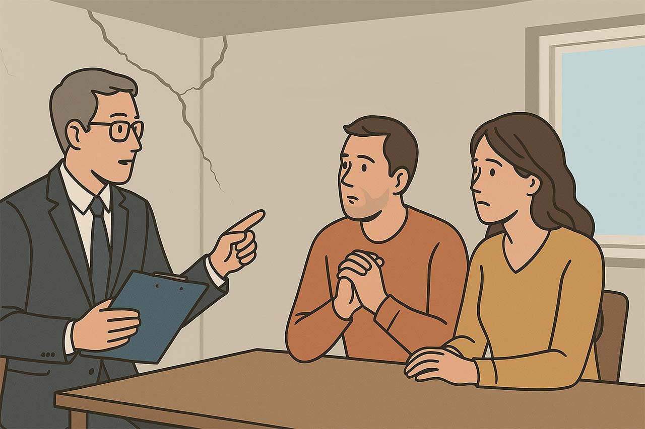 illustration d'un couple en train d'écouter un expert avec des dégats visibles sur le mur de la maison en arrière plan