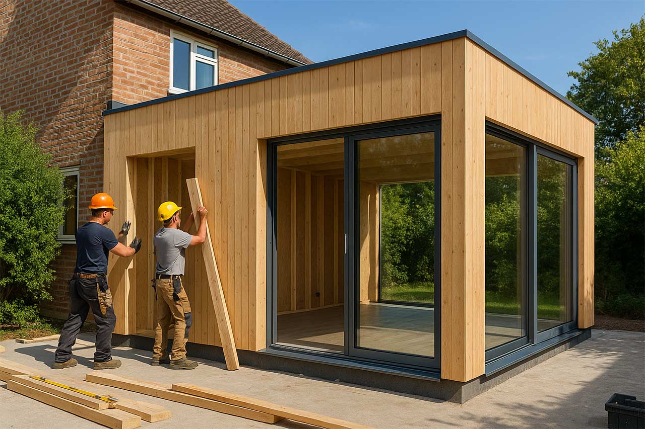 Extension en ossature bois de 20 m² attenante à une maison, pose des murs préfabriqués, grande baie vitrée, artisans au travail sur un chantier propre.