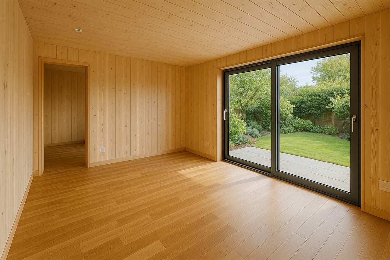 Intérieur d’une extension bois achevée : cloisons finies, parquet posé, lumière traversante, menuiseries aluminium, vue sur jardin