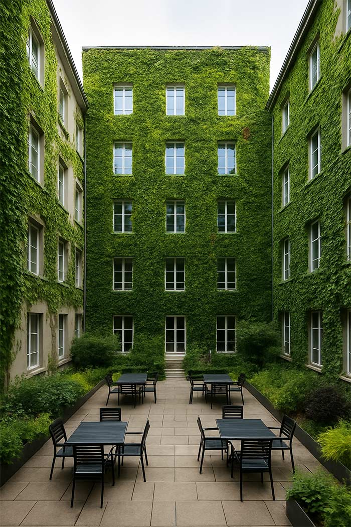 Scène d’un patio urbain, paroi végétalisée luxuriante, table dressée à l’ombre