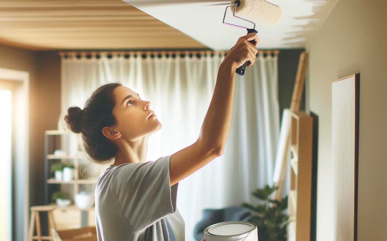 femme peignant un plafond avec un rouleau à peinture. Elle est concentrée sur sa tâche
