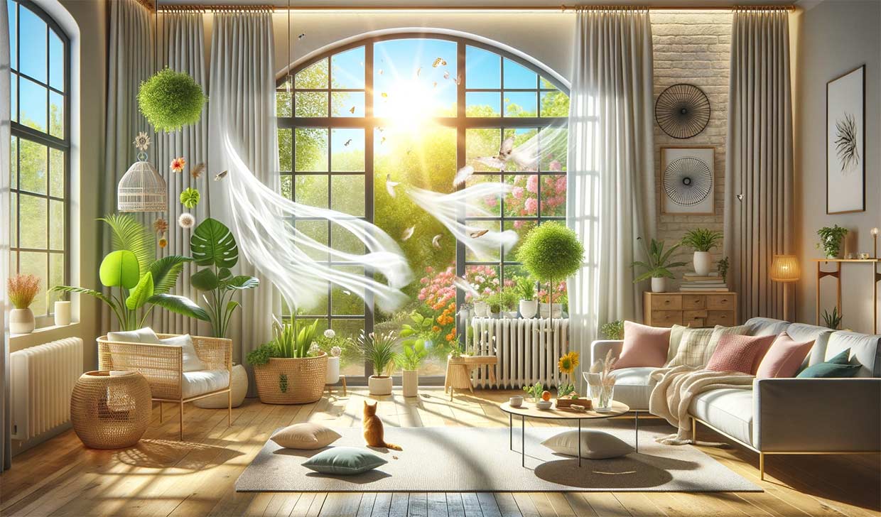 Au premier plan, une grande fenêtre ouverte avec des rideaux flottants au vent, laissant entrer la lumière du soleil et l'air frais dans une pièce confortable et bien aménagée. On y voit un espace de vie lumineux avec des plantes verdoyantes et un chat se prélassant au soleil. À l'extérieur, un jardin fleuri visible à travers la fenêtre, symbolisant l'interconnexion entre l'intérieur et l'extérieur.