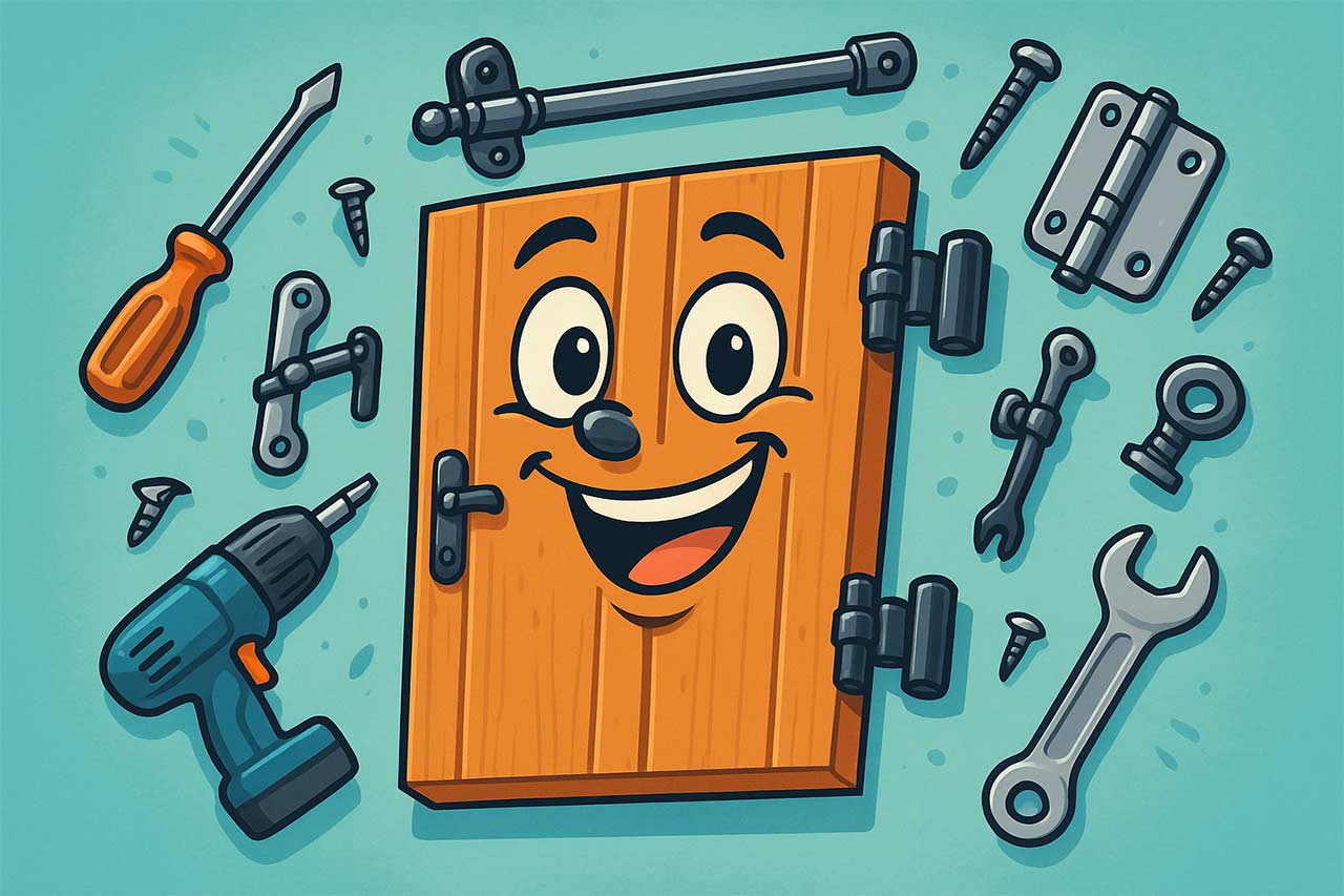 Scène colorée et amusante montrant un volet battant caricatural avec un visage heureux, entouré d’outils de bricolage stylisés et de ferrures brillantes qui flottent autour, couleurs vives, style semi-réaliste proche du cartoon