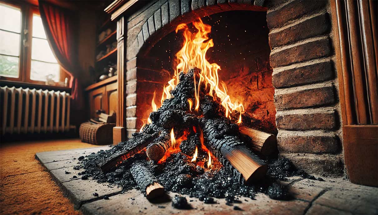 Une cheminée traditionnelle en briques avec un feu de bois qui brûle. Sur les parois internes de la cheminée, on voit des dépôts de créosote, une substance noire et collante. La scène est réaliste avec des détails soignés des flammes et de la créosote accumulée, illustrant les risques de cette substance inflammable. 