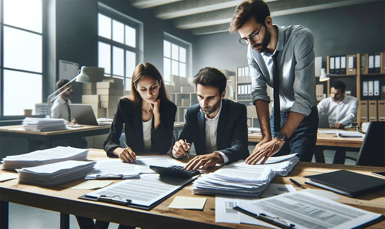 e scène dépeignant le bureau d'un service fiscal français, avec des employés analysant des documents relatifs à la fiscalité des rénovations immobilières