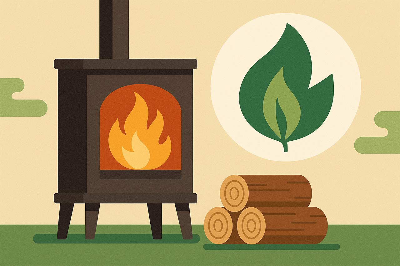 Illustration en style flat design d’un poêle à bois avec flamme jaune-orangée, trois bûches empilées au sol et un symbole de feuille verte dans un cercle, sur fond beige et vert stylisé.