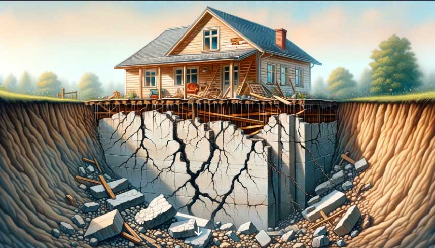 fondation de maison avec des fissures visibles et des murs légèrement inclinés, illustrant la fragilité des fondations